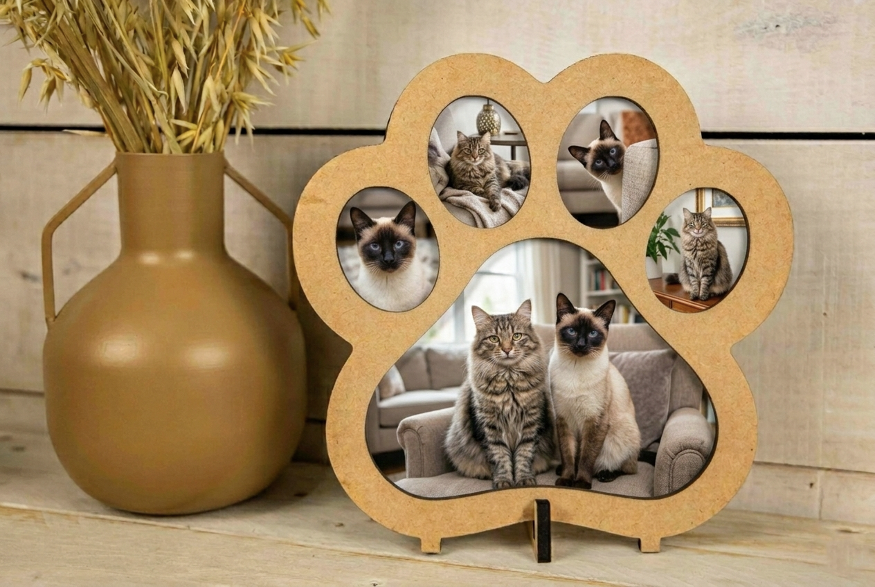 Marco Huella Gato Personalizado en Madera con Fotos y Nombre pequeño – Portafotos Mascota Artesanal