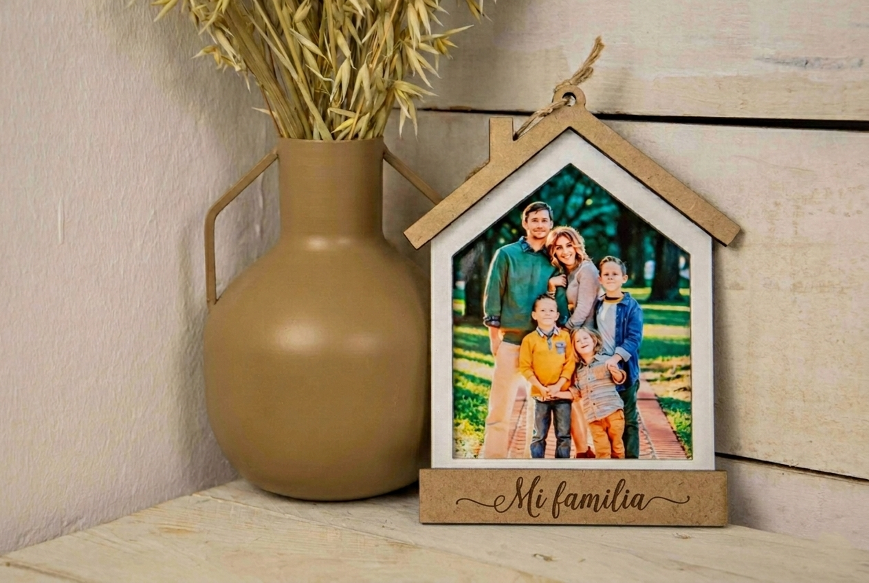 Marco Casa “Mi Familia” Grabado con Foto 10×15 cm | Cuadro Familiar de Madera 12×21 cm